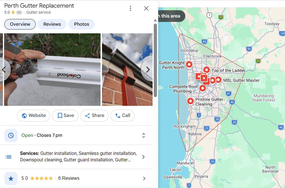 Google Business Profile Results for Perth gutter replacement