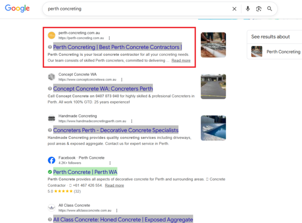 Perth concreting Organic Search Results